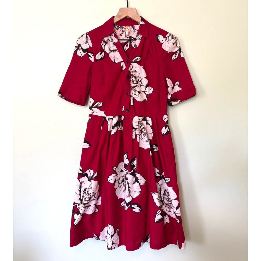 Maeve Anthropologie Red Floral Short Sleeve Dress Size 6 Vintage Retro Inspired